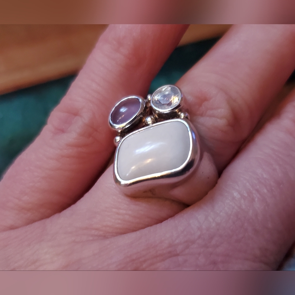 Carolyn Pollack Sterling Silver White Agate Amethyst Topaz Ring Sz 7 RARE! J-509